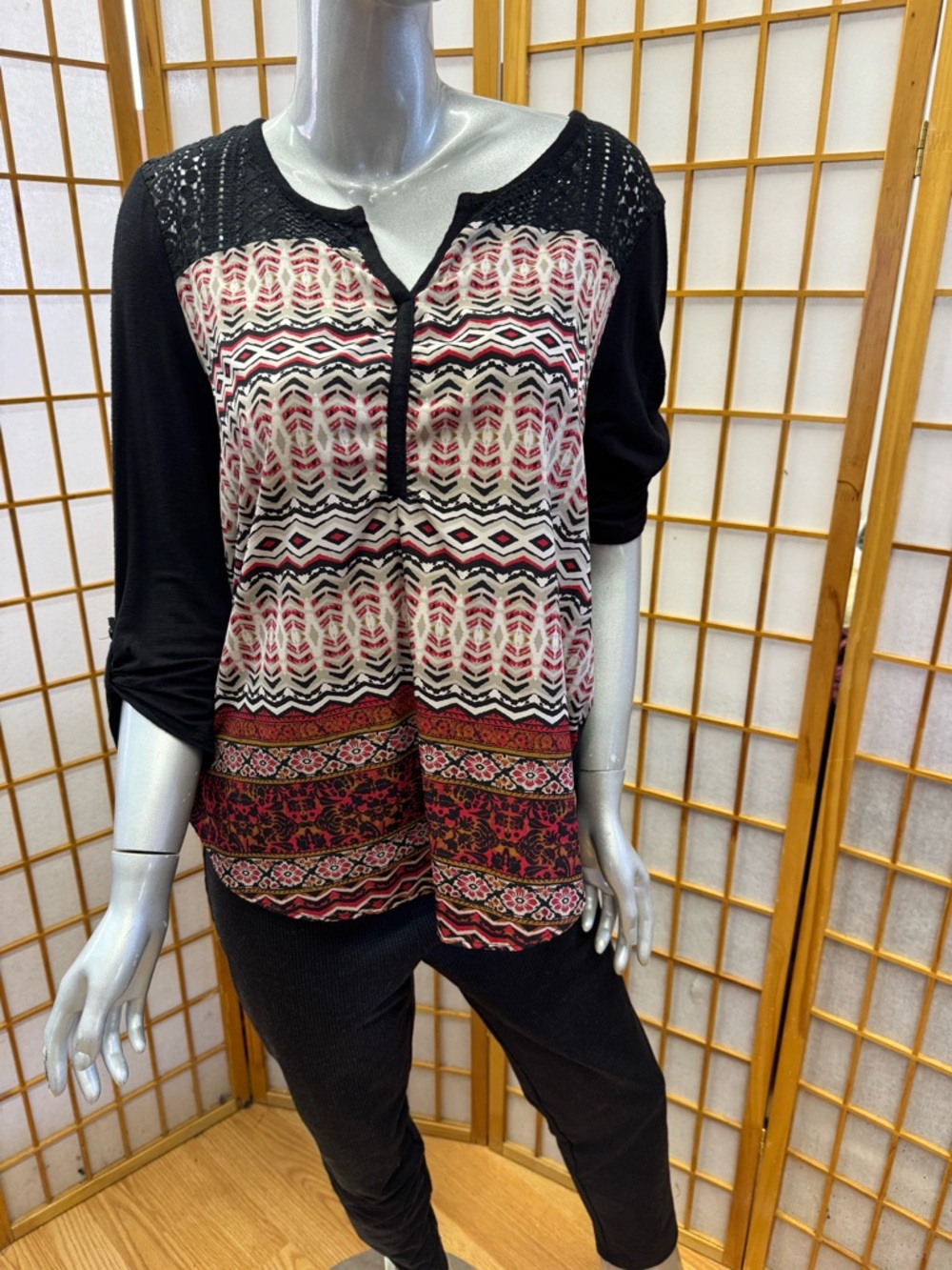 Christopher & Banks Black Tunic with Black and Red Geometric & Border Print